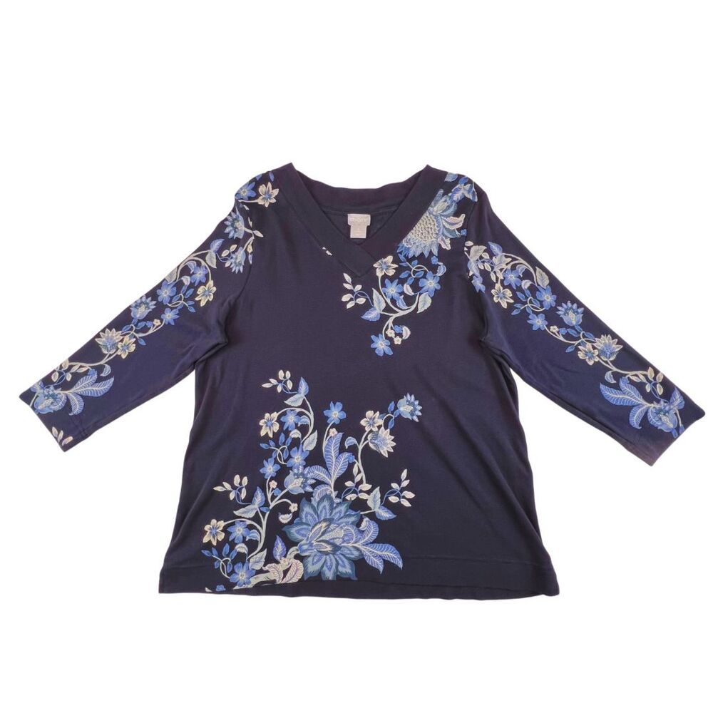 Chicos Top 2 Large Midnight Blue Artisan Floral V Neck Resort Wear Chic Blouse - Picture 5 of 9